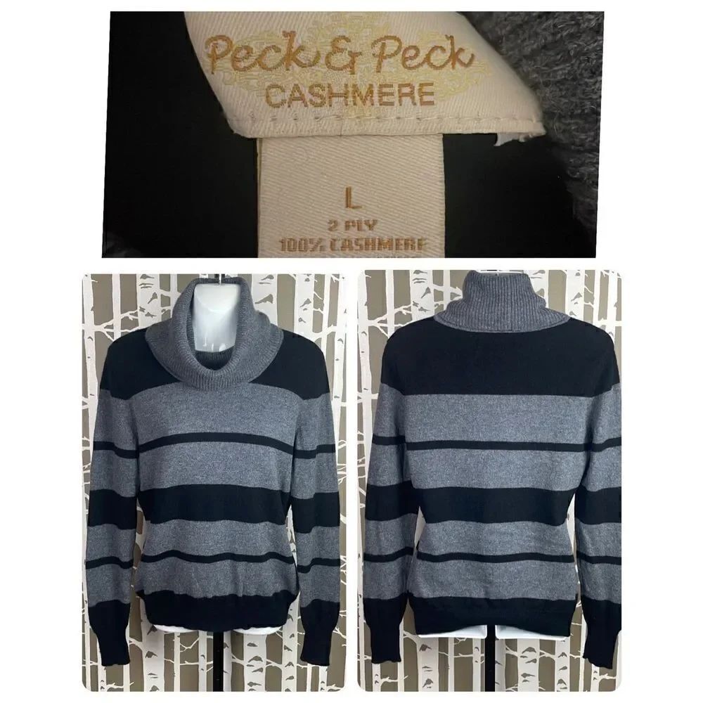 Cashmere Cowl Neck Striped Sweater L Black & Gray